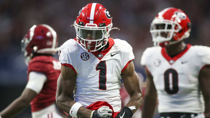 Dec 4, 2021; Atlanta, GA, USA; Georgia Bulldogs wide receiver George Pickens (1) celebrates after a catch against the Alabama Crimson Tide in the first half during the SEC championship game at Mercedes-Benz Stadium. Mandatory Credit: Brett Davis-USA TODAY Sports