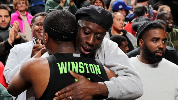 NEWARK, NEW JERSEY – NOVEMBER 14: Cassius Winston #5 of the Michigan State Spartans celebrates the win over the Seton Hall Pirates at Prudential Center on November 14, 2019 in Newark, New Jersey.The Michigan State Spartans defeated the Seton Hall Pirates 76-73. (Photo by Elsa/Getty Images)