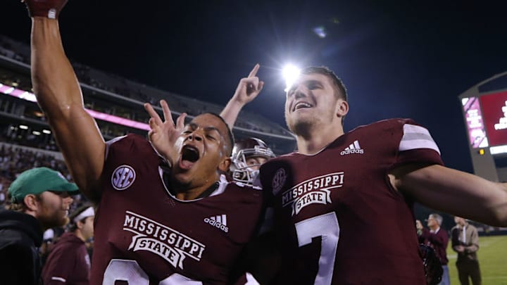 STARKVILLE, MS - OCTOBER 27: Nick Fitzgerald #7 and Johnathan Abram #38 of the Mississippi State Bulldogs celebrate after a game against Texas A&M Aggies at Davis Wade Stadium on October 27, 2018 in Starkville, Mississippi. (Photo by Jonathan Bachman/Getty Images)