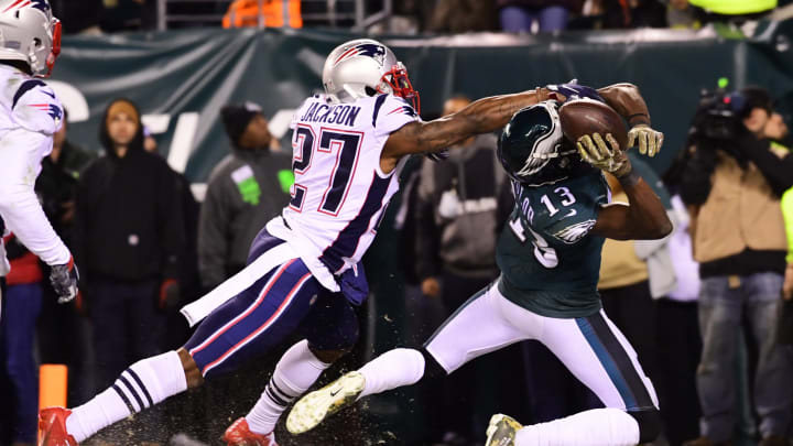 PHILADELPHIA, PA – NOVEMBER 17: J.C. Jackson #27 of the New England Patriots defends against Nelson Agholor #13 of the Philadelphia Eagles who can’t make the catch for a touchdown in the fourth quarter at Lincoln Financial Field on November 17, 2019, in Philadelphia, Pennsylvania. The Patriots defeated the Eagles 17-10. (Photo by Corey Perrine/Getty Images)