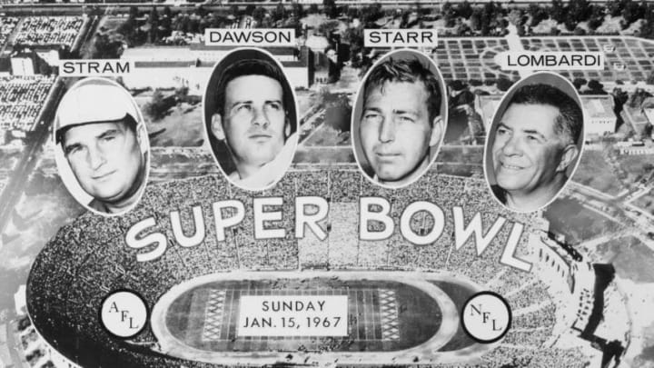 (Original Caption) The stage is set at Los Angeles Memorial Coliseum for the Super Bowl, starring quarterbacks Len Dawson, of the American Football League's Kansas City Chiefs, and Bart Starr, of the National Football League's Green Bay Packers. In prominent supporting roles are Chiefs' coach Hank Stram and Packers' coach Vince Lombardi.