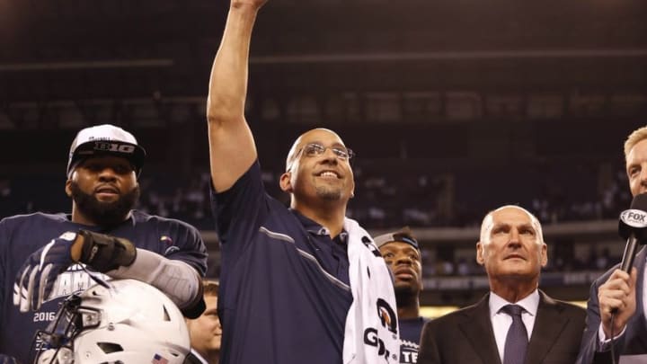 Dec 3, 2016; Indianapolis, IN, USA; Penn State Nittany Lions head coach James Franklin celebrates after defeating the Wisconsin Badgers during the Big Ten Championship college football game at Lucas Oil Stadium. Mandatory Credit: Brian Spurlock-USA TODAY Sports