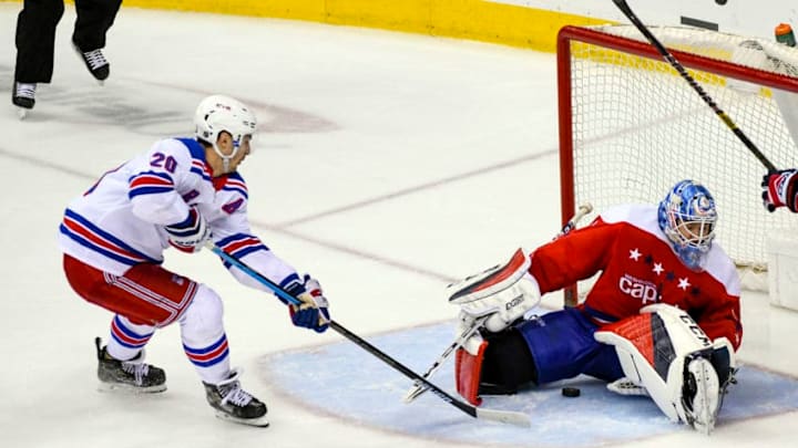WASHINGTON, DC - FEBRUARY 24: Washington Capitals goaltender Pheonix Copley (1) drops to ice to make a third period save against New York Rangers left wing Chris Kreider (20) on February 24, 2019, at the Capital One Arena in Washington, D.C. (Photo by Mark Goldman/Icon Sportswire via Getty Images)