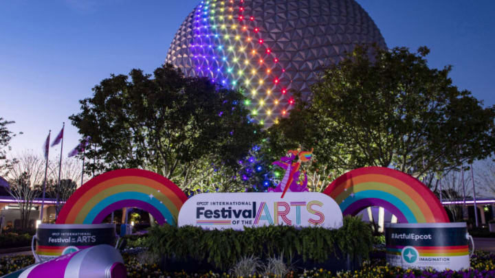 Debuting for EPCOT International Festival of the Arts, Spaceship Earth will be painted nightly in a spectrum of light. As the festival celebrates the artistry of the world, color and imagination play an important role and the latest Spaceship Eartth lighting design reflects those ideas. The core values of EPCOT and the optimistic symbolism of Spaceship Earth are perfectly complemented by The Muppets singing “Rainbow Connection” with this new look (David Roark, photographer).