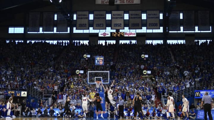 LAWRENCE, KS - FEBRUARY 3: A general view of Allen Fieldhouse during a game between the Oklahoma State Cowboys and Kansas Jayhawks on February 3, 2018 in Lawrence, Kansas. (Photo by Ed Zurga/Getty Images)