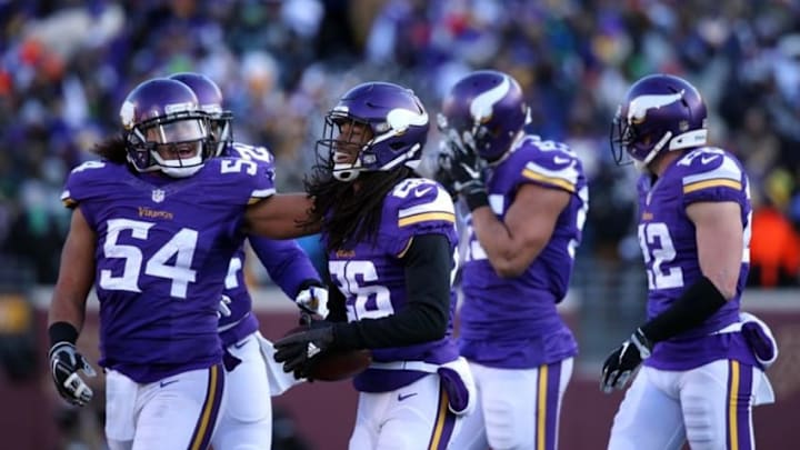 Jan 10, 2016; Minneapolis, MN, USA; Minnesota Vikings cornerback Trae Waynes (26) celebrates with teammates after an interception against the Seattle Seahawks in the third quarter of a NFC Wild Card playoff football game at TCF Bank Stadium. Mandatory Credit: Brace Hemmelgarn-USA TODAY Sports