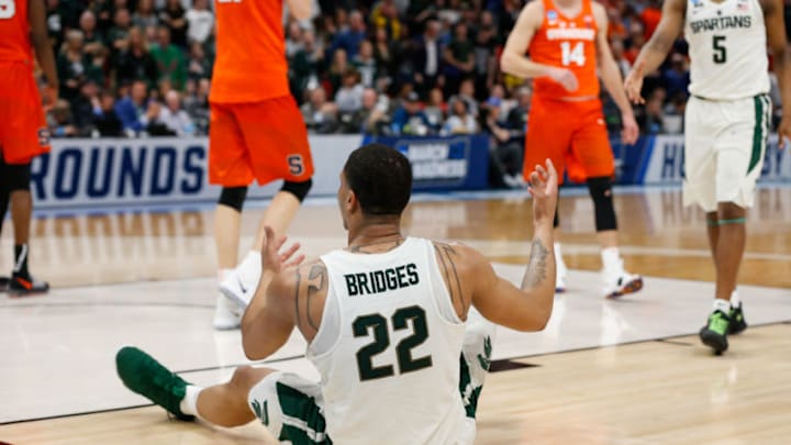 DETROIT, MI - MARCH 18: Michigan State Spartans guard Miles Bridges (22) reacts to an official's call during the NCAA Division I Men's Championship Second Round basketball game between the Syracuse Orange and the Michigan State Spartans on March 18, 2018 at Little Caesars Arena in Detroit, Michigan. Syracuse defeated Michigan State 55-53. (Photo by Scott W. Grau/Icon Sportswire via Getty Images)