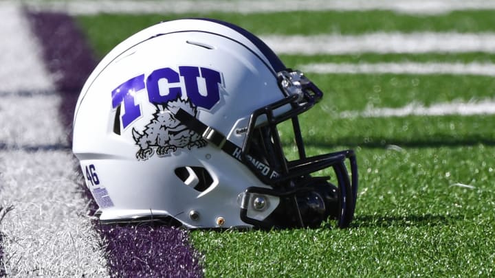MANHATTAN, KS – OCTOBER 19: A general view of a TCU Horned Frogs helmet on the field before a game against the Kansas State Wildcats at Bill Snyder Family Football Stadium on October 19, 2019, in Manhattan, Kansas. (Photo by Peter G. Aiken/Getty Images)