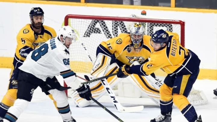 May 3, 2016; Nashville, TN, USA; Nashville Predators goalie Pekka Rinne (35) waits for a shot from San Jose Sharks right winger Melker Karlsson (68) during the third period in game three of the second round of the 2016 Stanley Cup Playoffs at Bridgestone Arena. The Predators won 4-1. Mandatory Credit: Christopher Hanewinckel-USA TODAY Sports