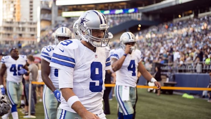 Aug 25, 2016; Seattle, WA, USA; Dallas Cowboys quarterback Tony Romo (9) walks off the field after warming up before the start of a preseason game against the Seattle Seahawks at CenturyLink Field. Mandatory Credit: Troy Wayrynen-USA TODAY Sports