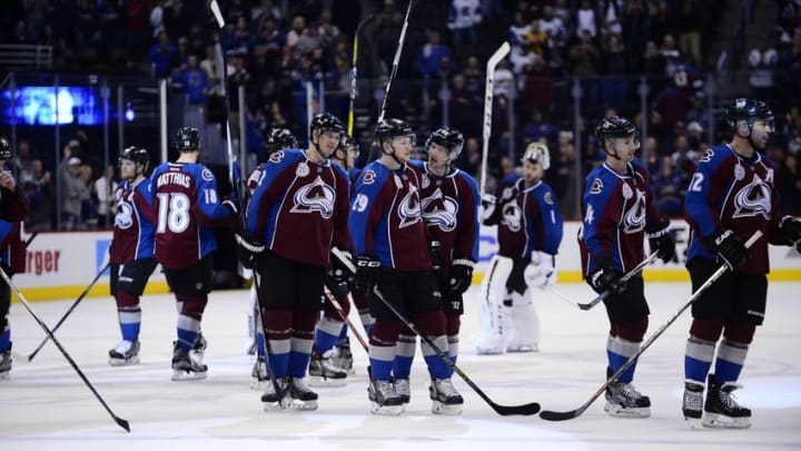 Mar 9, 2016; Denver, CO, USA; Members of the Colorado Avalanche celebrate the win over the Anaheim Ducks at the Pepsi Center. The Avalanche defeated the Ducks 3-0. Mandatory Credit: Ron Chenoy-USA TODAY Sports