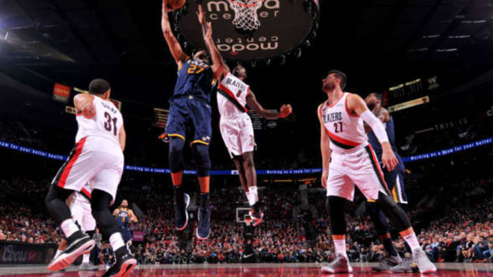 PORTLAND, OR – OCTOBER 7: Rudy Gobert #27 of the Utah Jazz shoots the ball against the Portland Trail Blazers during a pre-season game on October 7, 2018 at the Moda Center in Portland, Oregon. NOTE TO USER: User expressly acknowledges and agrees that, by downloading and or using this Photograph, user is consenting to the terms and conditions of the Getty Images License Agreement. Mandatory Copyright Notice: Copyright 2018 NBAE (Photo by Sam Forencich/NBAE via Getty Images)