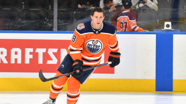 EDMONTON, AB - OCTOBER 23: Ryan Strome #18 of the Edmonton Oilers warms up prior to the game against the Pittsburgh Penguins on October 23, 2018 at Rogers Place in Edmonton, Alberta, Canada. (Photo by Andy Devlin/NHLI via Getty Images)