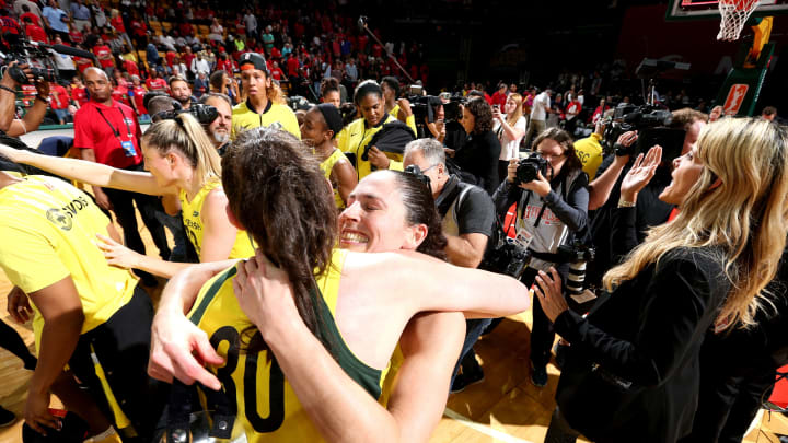 FAIRFAX, VA – SEPTEMBER 12: Breanna Stewart #30 of the Seattle Storm hugs Sue Bird #10 of the Seattle Storm after winning the 2018 WNBA Finals against the Washington Mystics during Game Three of the 2018 WNBA Finals on September 12, 2018 at Eaglebank Arena at George Mason University in Fairfax, VA. NOTE TO USER: User expressly acknowledges and agrees that, by downloading and or using this photograph, User is consenting to the terms and conditions of the Getty Images License Agreement. Mandatory Copyright Notice: Copyright 2018 NBAE (Photo by Ned Dishman/NBAE via Getty Images)