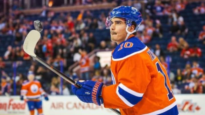 Oct 31, 2015; Edmonton, Alberta, CAN; Edmonton Oilers right wing Nail Yakupov (10) during the warmup period against the Calgary Flames at Rexall Place. Mandatory Credit: Sergei Belski-USA TODAY Sports