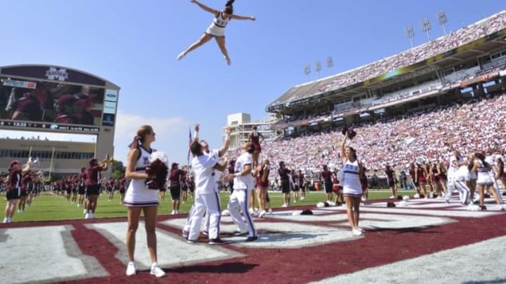 Sep 3, 2016; Starkville, MS, USA; Mississippi State Bulldogs cheerleaders perform before the game against the South Alabama Jaguars at Davis Wade Stadium. Mandatory Credit: Matt Bush-USA TODAY Sports