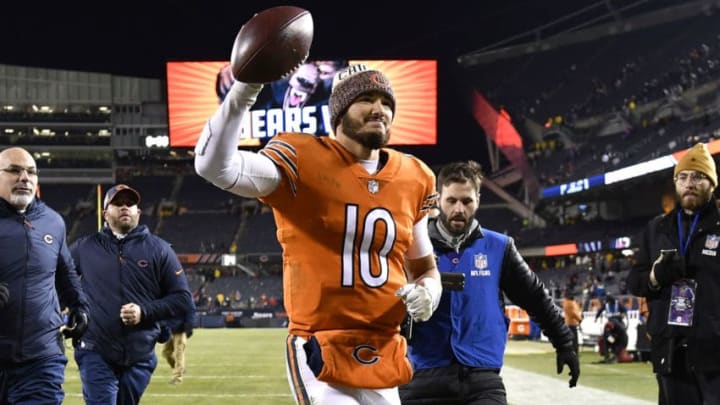 CHICAGO, IL - NOVEMBER 18: Chicago Bears quarterback Mitchell Trubisky (10) runs off the field with the football as he celebrate with fans after game action of a NFL game between the Chicago Bears and the Minnesota Vikings on November 18, 2018 at Soldier Field, in Chicago, Illinois. (Photo by Robin Alam/Icon Sportswire via Getty Images)