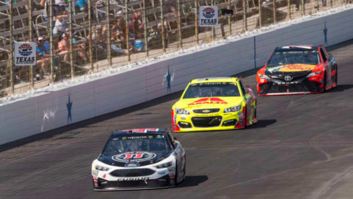 Apr 9, 2017; Fort Worth, TX, USA; NASCAR Cup Series driver Kevin Harvick (4) Earnhardt Jr. (88) and driver Martin Truex Jr. (78) during the O’Reilly Auto Parts 500 at Texas Motor Speedway. Mandatory Credit: Jerome Miron-USA TODAY Sports