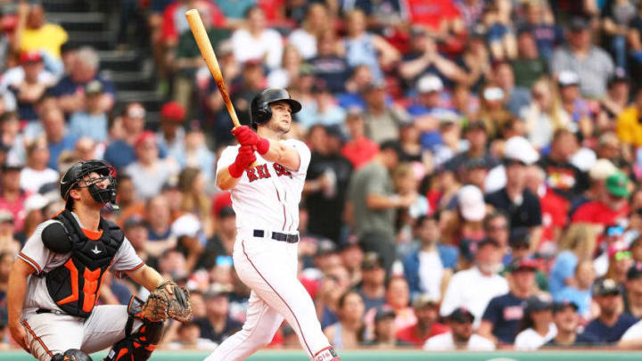 BOSTON, MA - MAY 20: Andrew Benintendi #16 of the Boston Red Sox hits a two-run home run in the fifth inning of a game against the Baltimore Orioles at Fenway Park on May 20, 2018 in Boston, Massachusetts. (Photo by Adam Glanzman/Getty Images)