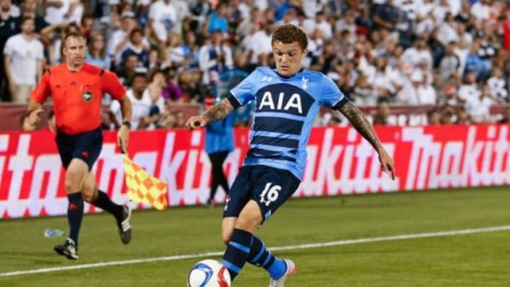 Jul 29, 2015; Denver, CO, USA; Tottenham Hotspur defender Kieran Trippier (16) controls the ball in the second half of the 2015 MLS All Star Game at Dick