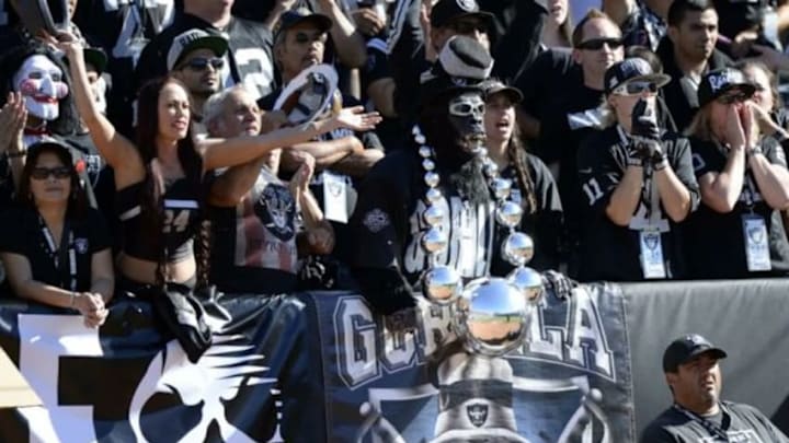 Sep 15, 2013; Oakland, CA, USA; Oakland Raiders fans watch the game from the Black Hole during the fourth quarter against the Jacksonville Jaguars at O.co Coliseum. Oakland won 19-9. Mandatory Credit: Bob Stanton-USA TODAY Sports