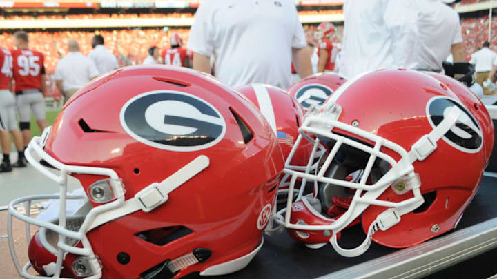 ATHENS, GA - NOVEMBER 04: Georgia Bulldogs helmets on the sidelines during the game between the South Carolina Gamecocks and the Georgia Bulldogs on November 04, 2017, at Sanford Stadium in Athens, GA. (Photo by Jeffrey Vest/Icon Sportswire via Getty Images)