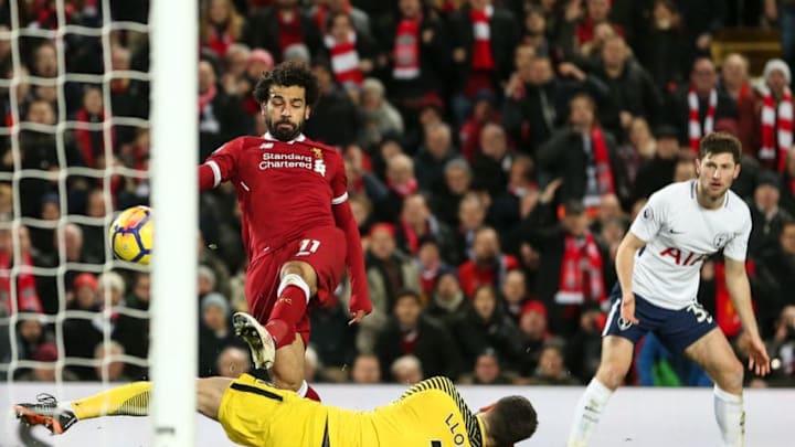 LIVERPOOL, ENGLAND - FEBRUARY 04: Mohamed Salah of Liverpool scores a goal to make it 2-1 during the Premier League match between Liverpool and Tottenham Hotspur at Anfield on February 4, 2018 in Liverpool, England. (Photo by Robbie Jay Barratt - AMA/Getty Images)