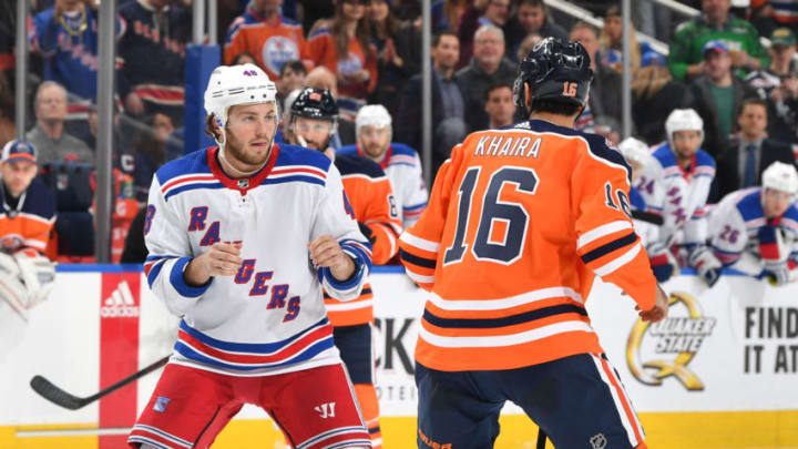 EDMONTON, AB - MARCH 11: Jujhar Khaira #16 of the Edmonton Oilers drops his gloves to fight Brendan Lemieux #48 of the New York Rangers on March 11, 2019 at Rogers Place in Edmonton, Alberta, Canada. (Photo by Andy Devlin/NHLI via Getty Images)