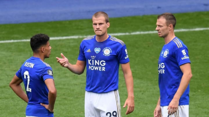 James Justin, Ryan Bennett and Jonny Evans of Leicester City (Photo by Michael Regan/Getty Images)