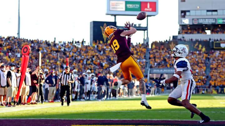 Nov 27, 2021; Tempe, Arizona, USA; Arizona State Sun Devils wide receiver Ricky Pearsall (19) catches a touchdown pass against Arizona Wildcats during the second half at Sun Devil Stadium. Mandatory Credit: Mark J. Rebilas-USA TODAY Sports