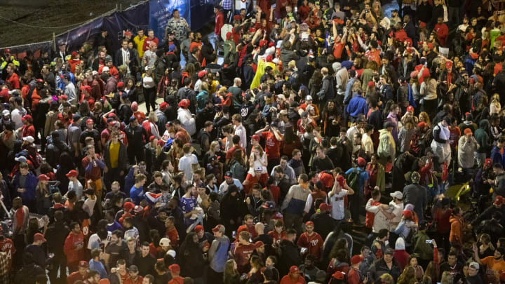 WASHINGTON, DC – OCTOBER 30: Washington Nationals fans stream into the streets outside of Nationals Park celebrating the Nationals World Series victory on October 30, 2019 in Washington, DC. The Washington Nationals defeated the Houston Astros 6-2 in Game 7 of the World Series bringing home the first World Series Championship in franchise history and the first to Washington, DC since 1924. (Photo by Samuel Corum/Getty Images)
