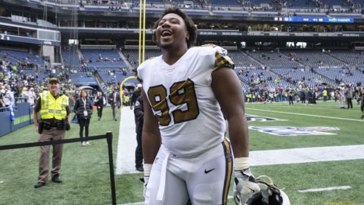 SEATTLE, WA - SEPTEMBER 22: Defensive lineman Shy Tuttle celebrates as he leaves the field after a game against the Seattle Seahawks at CenturyLInk Field on September 22, 2019 in Seattle, Washington. The Saints won 33-27. (Photo by Stephen Brashear/Getty Images)