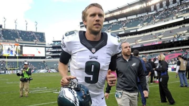Oct 5, 2014; Philadelphia, PA, USA; Philadelphia Eagles quarterback Nick Foles (9) runs off the field after win over the St. Louis Rams at Lincoln Financial Field. The Eagles defeated the Rams, 34-28. Mandatory Credit: Eric Hartline-USA TODAY Sports Oct 5, 2014; Philadelphia, PA, USA; Philadelphia Eagles quarterback Nick Foles (9) runs off the field after win over the St. Louis Rams at Lincoln Financial Field. The Eagles defeated the Rams, 34-28. Mandatory Credit: Eric Hartline-USA TODAY Sports