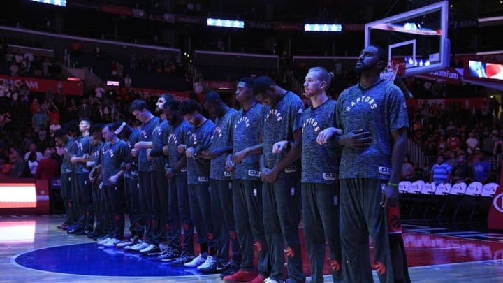 Oct 5, 2016; Los Angeles, CA, USA; The Toronto Raptors stand for the National Anthem prior to the game against the Los Angeles Clippers at Staples Center. Mandatory Credit: Kelvin Kuo-USA TODAY Sports