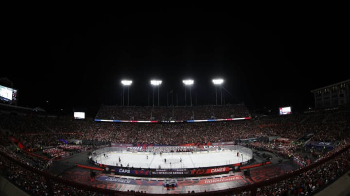 Feb 18, 2023; Raleigh, North Carolina, USA; A view of the game between the Washington Capitals and the Carolina Hurricanes in the first period during the 2023 Stadium Series ice hockey game at Carter-Finley Stadium. Mandatory Credit: Geoff Burke-USA TODAY Sports