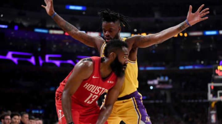 LOS ANGELES, CALIFORNIA – FEBRUARY 21: James Harden #13 of the Houston Rockets is guarded by Reggie Bullock #35 of the Los Angeles Lakers during a 111-106 Laker win at Staples Center on February 21, 2019 in Los Angeles, California. (Photo by Harry How/Getty Images)