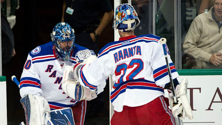 New York Rangers goalie Henrik Lundqvist (30) and goalie Antti Raanta Mandatory Credit: Jerome Miron-USA TODAY Sports