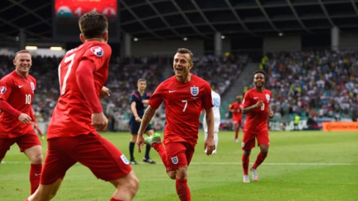 LJUBLJANA, SLOVENIA - JUNE 14: England player Jack Wilshere (c) celebrates his second goal during the UEFA EURO 2016 Qualifier between Slovenia and England on at the Stozice Arena on June 14, 2015 in Ljubljana, Slovenia. (Photo by Stu Forster/Getty Images)