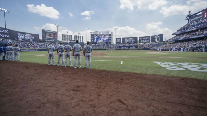 MONTERREY, MEXICO - MAY 06: Players of the San Diego Padres and the Los Angeles Dodgers line up during the Mexican national anthem prior the MLB game at Estadio de Beisbol Monterrey on May 6, 2018 in Monterrey, Mexico. Padres defeated Dodgers 3-0. (Photo by Azael Rodriguez/Getty Images)