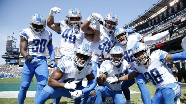PHILADELPHIA, PENNSYLVANIA - SEPTEMBER 22: Jamal Agnew #39 of the Detroit Lions celebrates his 100 yard kick off return for a touchdown with teammates Dee Virgin #30,Nick Bawden #46,C.J. Moore #49,Miles Killebrew #35,Logan Thomas #82 and Mike Ford #38 in the first quarter against the Philadelphia Eagles at Lincoln Financial Field on September 22, 2019 in Philadelphia, Pennsylvania. (Photo by Elsa/Getty Images)