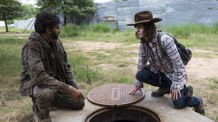 Chandler Riggs as Carl Grimes, Avi Nash as Siddiq - The Walking Dead _ Season 8, Episode 9 - Photo Credit: Gene Page/AMC