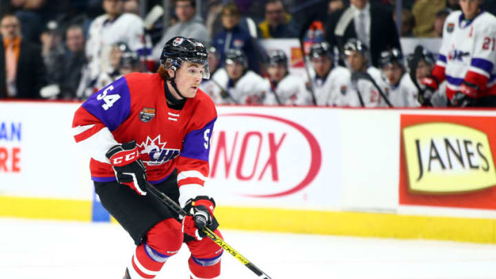 HAMILTON, ON - JANUARY 16: Jeremie Poirier #54 of Team Red skates during the 2020 CHL/NHL Top Prospects Game against Team White at FirstOntario Centre on January 16, 2020 in Hamilton, Canada. (Photo by Vaughn Ridley/Getty Images)