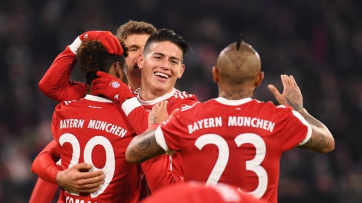 MUNICH, GERMANY - DECEMBER 02: Players of Bayern Munich celebrate after scoring a goal during the Bundesliga soccer match between FC Bayern Munich and Hannover 96 at the Allianz Arena in Munich, Germany on December 02, 2017. (Photo by Lukas Barth/Anadolu Agency/Getty Images)