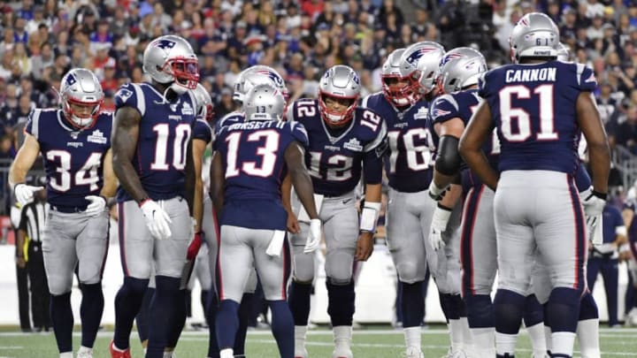 FOXBOROUGH, MASSACHUSETTS - SEPTEMBER 08: Tom Brady #12 of the New England Patriots huddles with teammates during the first half against the Pittsburgh Steelers at Gillette Stadium on September 08, 2019 in Foxborough, Massachusetts. (Photo by Kathryn Riley/Getty Images)