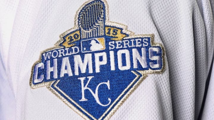 Detailed view of the World Series champions patch on a Kansas City Royals uniform - Credit: Mark J. Rebilas-USA TODAY Sports