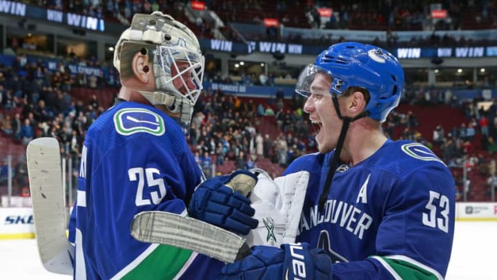 VANCOUVER, BC - OCTOBER 29: Bo Horvat #53 of the Vancouver Canucks congratulates teammate Jacob Markstrom #25 after winning their NHL game against the Minnesota Wild at Rogers Arena October 29, 2018 in Vancouver, British Columbia, Canada. Vancouver won 5-2. (Photo by Jeff Vinnick/NHLI via Getty Images)