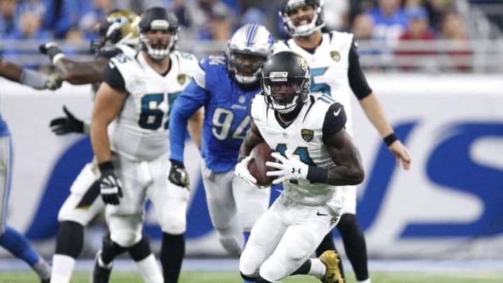 Nov 20, 2016; Detroit, MI, USA; Jacksonville Jaguars wide receiver Marqise Lee (11) runs after a catch during the second quarter against the Detroit Lions at Ford Field. Mandatory Credit: Raj Mehta-USA TODAY Sports