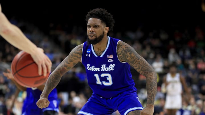 JACKSONVILLE, FLORIDA – MARCH 21: Myles Powell #13 of the Seton Hall Pirates reacts in the second half against the Wofford Terriers during the first round of the 2019 NCAA Men’s Basketball Tournament at Jacksonville Veterans Memorial Arena on March 21, 2019 in Jacksonville, Florida. (Photo by Mike Ehrmann/Getty Images)