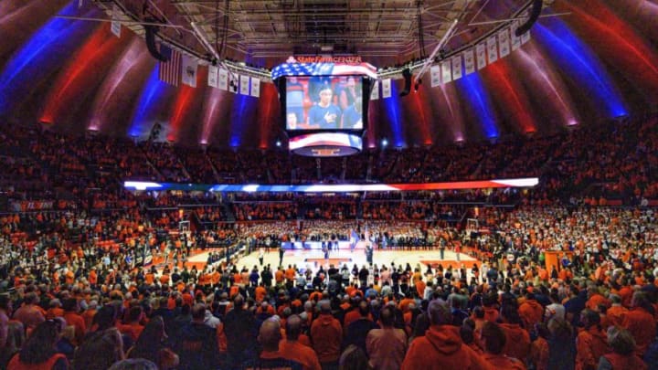 Feb 7, 2020; Champaign, Illinois, USA; The national anthem is preformed prior to the first half before a game between the Illinois Fighting Illini and the Maryland Terrapins at State Farm Center. Mandatory Credit: Patrick Gorski-USA TODAY Sports