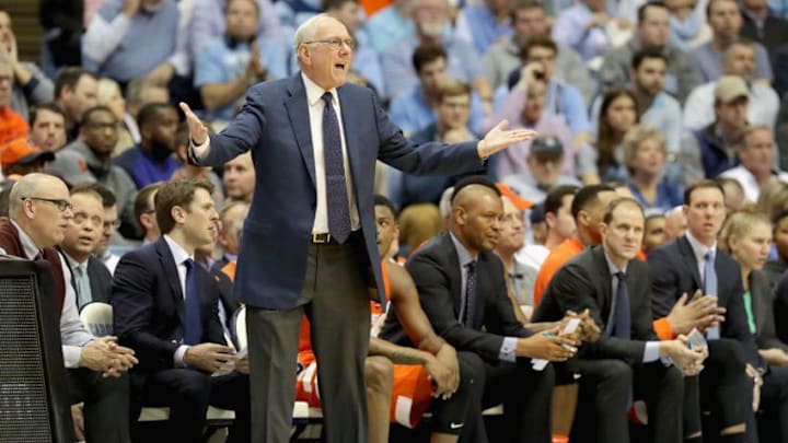 CHAPEL HILL, NC - JANUARY 16: Head coach Jim Boeheim of the Syracuse Orange reacts to a call during their game against the North Carolina Tar Heels at the Dean Smith Center on January 16, 2017 in Chapel Hill, North Carolina. (Photo by Streeter Lecka/Getty Images)